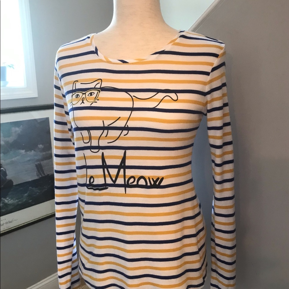 MAISON JULES Tee-Shirt Top Long Sleeve “Le MEOW” FRENCH White Blue Stripe SMALL